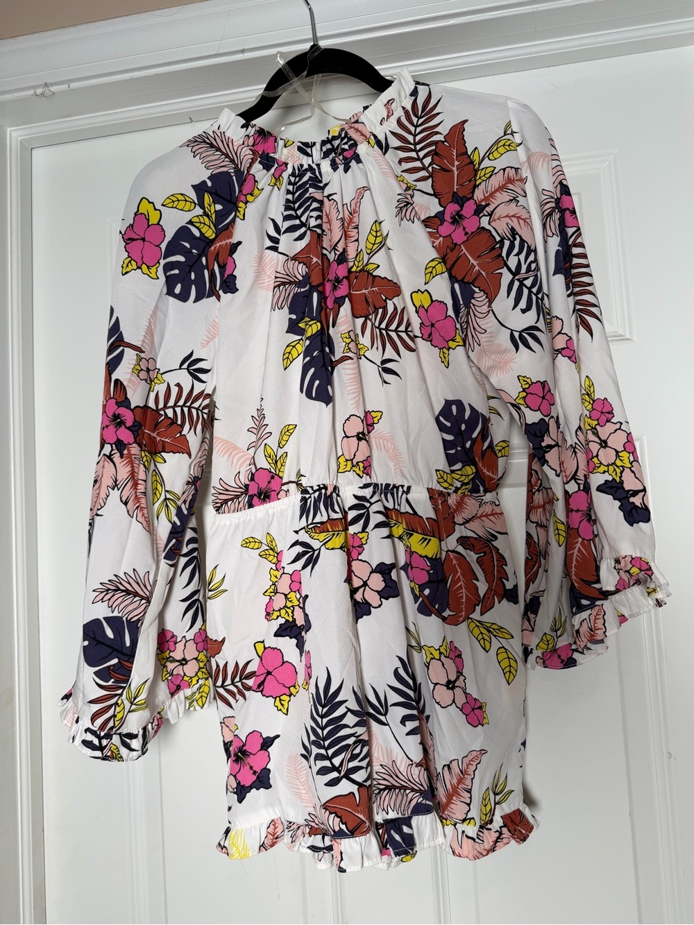 True Destiny White Floral Romper with Pink, Yellow & Navy